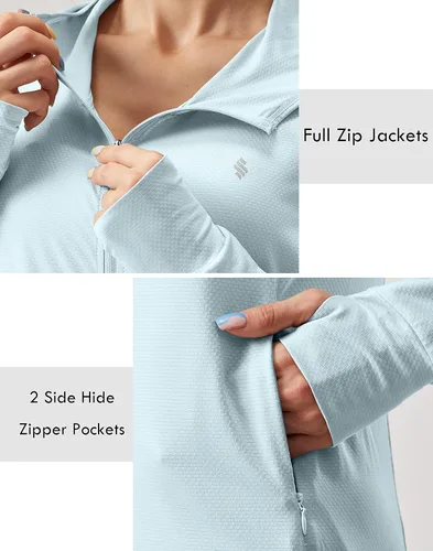 Vista 5 de Soothfeel Chaqueta con capucha y protección solar UPF 50+ para mujer, ligera, de manga larga, con bolsillo, para senderismo al aire libre d-celeste