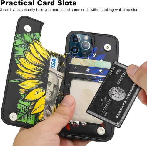 Vista 3 de HAOPINSH Funda tipo cartera para iPhone 12/12 Pro - Bandera americana Girasol, tarjetero, cuero sintético, soporte, cierre magnético doble, a prueba