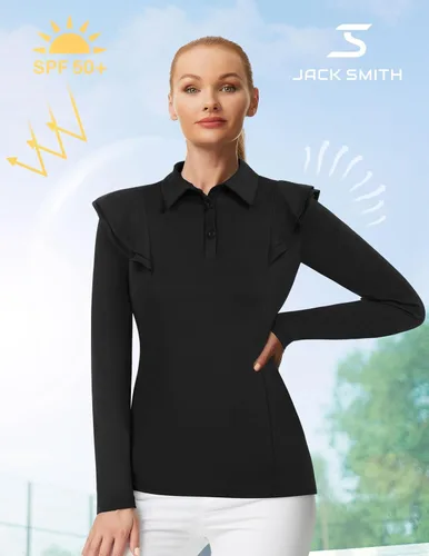 Vista 2 de JACK SMITH Polo de golf de manga larga para mujer, con volantes, absorbe la humedad, camisas atléticas de tenis con botones