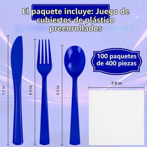Vista 6 de Juego de 400 cubiertos de plástico azul preenrollados, cubiertos azules resistentes, incluye 100 utensilios desechables envueltos con servilletas