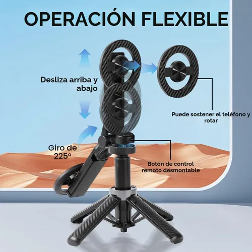 Vista 2 de Trípode magnético para selfie stick universal con rotación de 360° 4 en 1 con control remoto inalámbrico, trípode Mag extensible portátil