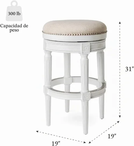 Vista 3 de Maven Lane Pullman Taburete de Bar de Madera Giratorio 180 Grados sin Respaldo de 30" de Altura con Ribete de Tachuelas, Acabado Blanco Alabastro