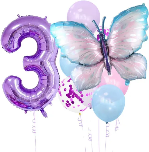 Vista 9 de 11 globos de mariposa enormes de 40 pulgadas, globos de Mylar de aluminio de número morado para decoración de fiesta de primer cumpleaños