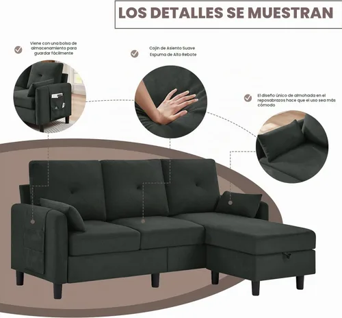 Vista 5 de Sofá modular convertible, pequeño en forma de L de 3 asientos con diván de almacenamiento reversible, sofá moderno de tela de poliéster para sala