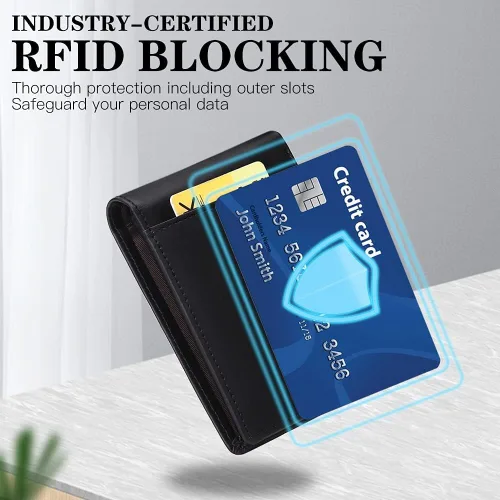 Vista 6 de GOIACII - Elegante cartera de cuero genuino para hombre, tarjetero espacioso con bloqueo RFID, doble blando, 2 tarjetas de identificación
