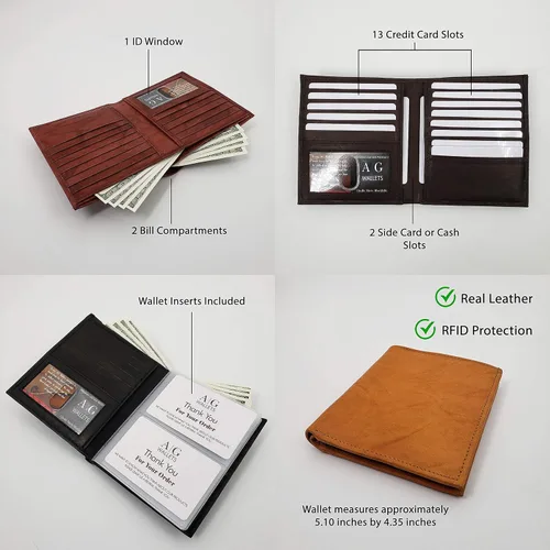 Vista 3 de AG Wallets Billetera de cuero de vaca RFID para hombre, estilo europeo, hipster, 1 ventana de identificación, Borgoña, Cartera Rfid
