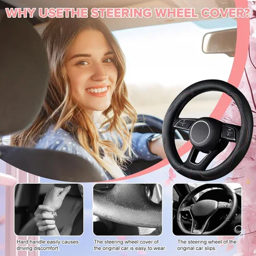 Vista 4 de Funda negra para volante de automóvil, antideslizante, transpirable, cómoda, de cuero PU, lindo protector universal, accesorios interiores