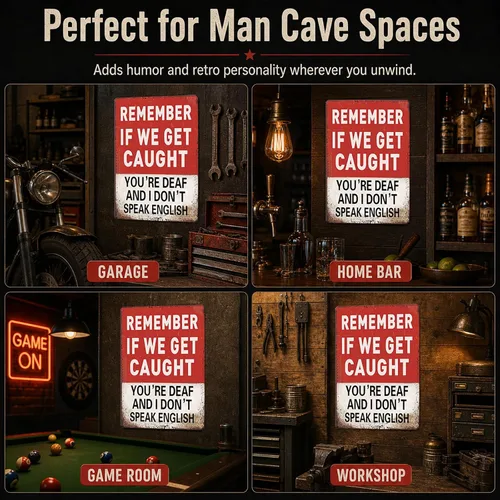 Vista 5 de Letrero de metal humorístico "Recuerda si nos atrapan" para hombres y niños, ideal para decoración de cueva de hombres, dormitorio y bar 30 * 20 cm