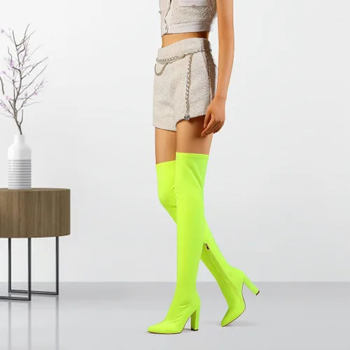 Vista 6 de Thigh High Boots for Women Chunky High Heel Over The Knee Boots Stretch Pointed Toe GO GO Knee High Boot