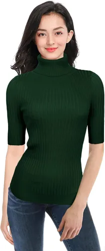 Vista 2 de v28 Suéter ajustado de punto acanalado de manga media media y cuello alto para mujer