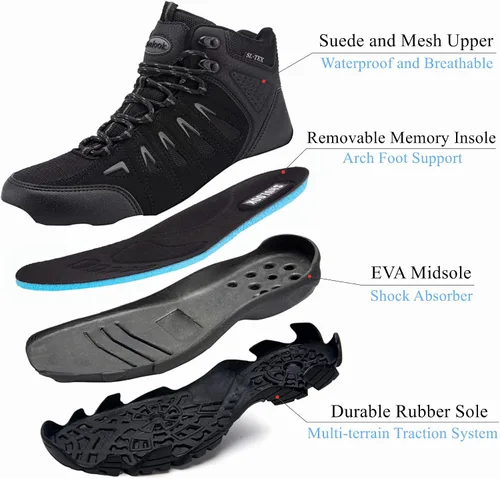Vista 5 de SHULOOK Botas de senderismo impermeables para hombre, antideslizantes, ligeras, de tobillo, de media altura, transpirables, para excursionismo