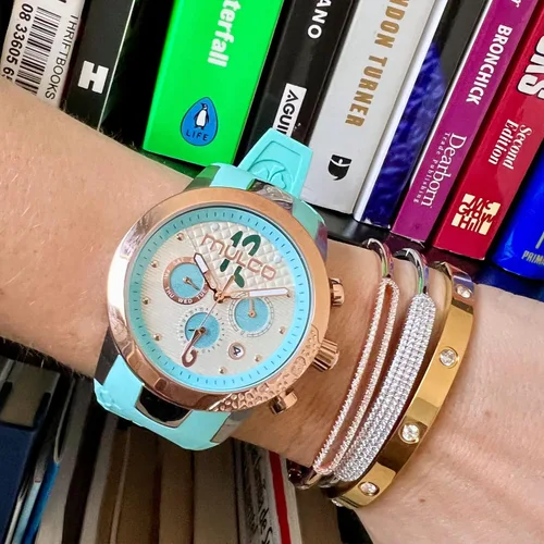 Vista 5 de MULCO Ilusion - Reloj analógico de cuarzo para mujer, detalles de cristal y oro rosa con acabado de perla, resistente al agua, correa de silicona