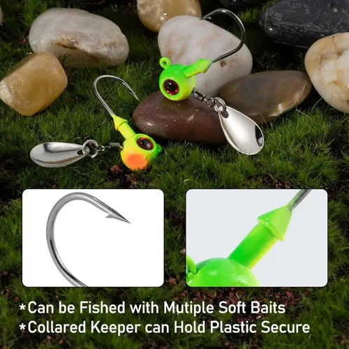 Vista 6 de Dr.Fish 10 Pack Cabezas de Jig Underspin Señuelos de Natación de Agua Dulce Bola Jig Anzuelos de Pesca de Lubina y Lucioperca Hoja de Colorado