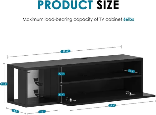 Vista 2 de DlandHome Soporte flotante para TV con luz LED, consola multimedia de 39.3 pulgadas, estante flotante para debajo del televisor con estante