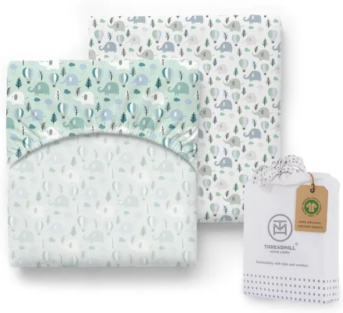 Vista 13 de Threadmill Sábana de cuna de algodón orgánico, blanco, 2 piezas, ajustada, unisex Azul Blanco