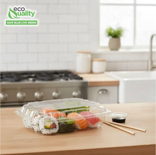 Vista 6 de EcoQuality Recipiente de plástico transparente con tapa con bisagras, 8 x 8 x 2 pulgadas, recipiente para llevar con un solo compartimento