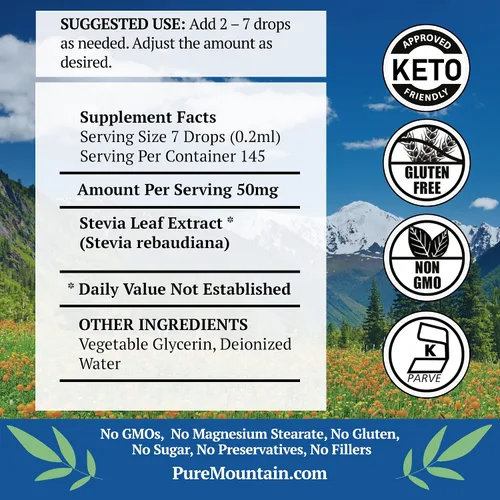 Vista 2 de Pure Mountain Botanicals Gotas de Stevia líquidas, edulcorante natural, concentrado sin azúcar, sustituto apto para diabéticos, ideal para dieta