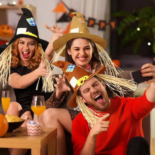 Vista 7 de ramede Paquete de 12 sombreros para disfraz de espantapájaros de Halloween, sombrero de mago, accesorio para adultos, hombres, mujeres y niños