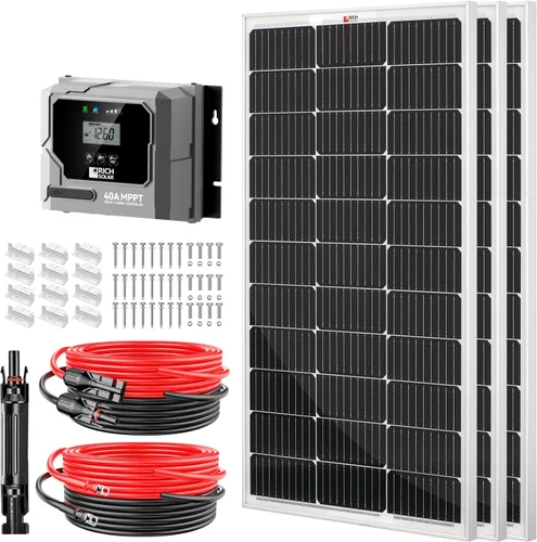 Vista 13 de RICH SOLAR El kit solar de 100 vatios contiene panel monocristalino de alta eficiencia de 100 W con 9 barras colectoras y controlador MPPT de 20 A
