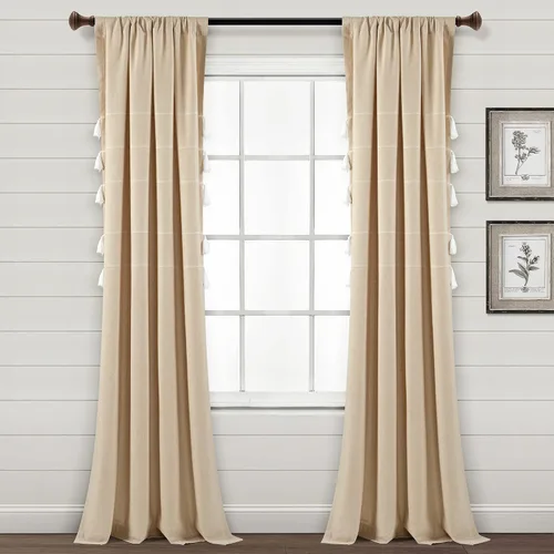 Vista 12 de Lush Decor Cortinas de ventana de mezcla de algodón teñido con borlas, estilo bohemio, estilo bohemio, a rayas, 42 pulgadas de ancho x 84 pulgadas