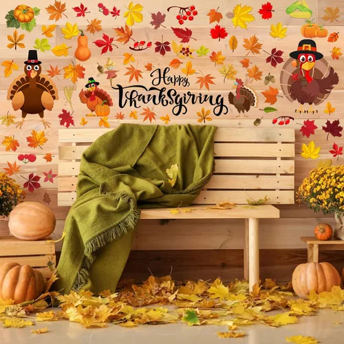 Vista 5 de Eersida 142 calcomanías de pared de Acción de Gracias, pavo, calcomanías de pared de hojas de otoño, calcomanías de pavo y hojas de arce, decoración