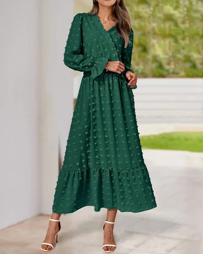Vista 5 de BTFBM Vestidos de otoño 2023 para mujer, manga larga, cuello en V, lunares suizos, vestido largo bohemio, vestido largo de cintura alta, vestido