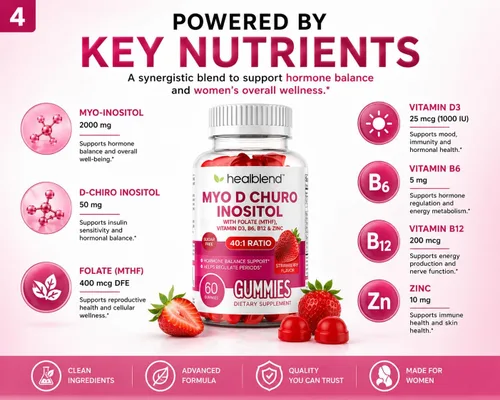 Vista 5 de healblend Myo & D-Chiro - Gomitas de inositol – Apoyo de SOP para mujeres, equilibrio hormonal, fertilidad y ovulación – con metilfolato, vitamina