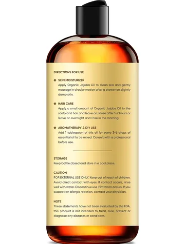 Vista 2 de Brooklyn Botany Aceite de jojoba orgánico prensado en frío para piel, cabello y cara 8 onzas líquidas 100% puro y natural Aceite portador