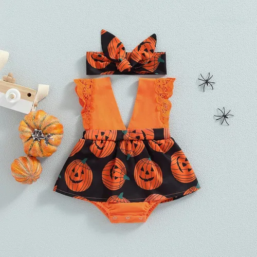 Vista 6 de Ropa de Halloween para bebé recién nacida, vestido de calabaza, sin mangas, cuello en V, diadema, Naranja