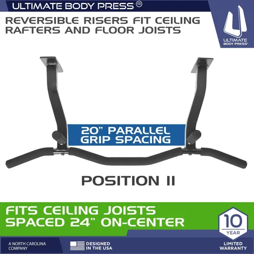 Vista 3 de Ceiling Mount Pull Up Bar with Reversible Risers for 16 and 24 Inch Joists with Optimum Grip Spacing by Ultimate Body Press