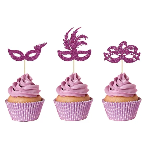 Vista 12 de Gyufise 24 máscaras de mascarada para cupcakes con purpurina para despedida de soltera, para cupcakes, comida y frutas, baile de máscaras, Mardi