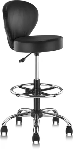 Vista 17 de KLASIKA Taburete con ruedas de respaldo bajo negro, taburetes de tocador de cuero PU, altura ajustable ergonómica giratoria giratoria silla