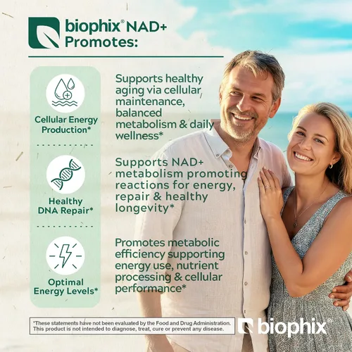 Vista 4 de biophix Suplemento liposomal NAD+ para mujeres y hombres, 1000 mg por porción, ribósido de nicotinamida, resveratrol micronizado y complejo