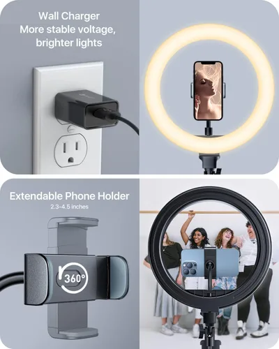 Vista 4 de andobil Anillo de luz de 10 pulgadas con soporte de trípode de 63 pulgadas, anillo de luz LED para selfie con control remoto Bluetooth, soporte