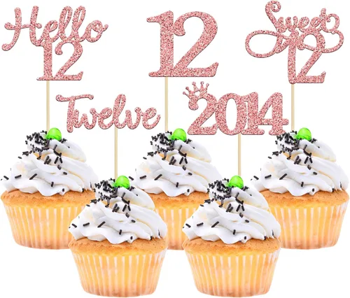 Vista 38 de Gyufise Paquete de 24 adornos negros para cupcakes de 10.º cumpleaños con purpurina negra 10 Ten Hello 10 Dights dobles desde 2015 para decoraciones