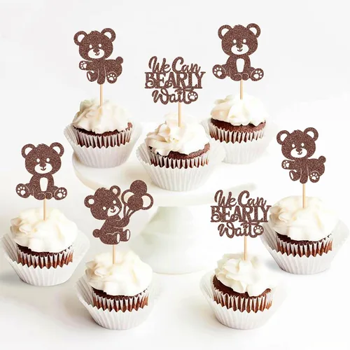 Vista 5 de 24 piezas de decoración para cupcakes con temática de "We Can Bearly Wait" Oso de globos brillantes, decoración temática de revelación de género