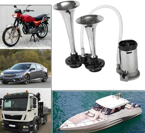 Vista 5 de 12V doble tubo Metal Car Horn Metal Car Trompeta 178DB Super ruidoso cuerno de aire para barco tren vehículo
