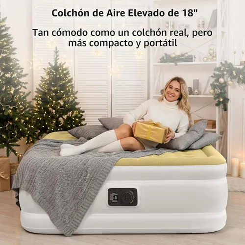 Vista 4 de YENING Colchón de aire tamaño completo con bomba incorporada, cama elevada doble inflable, cama de aire hinchable para camping eléctrico de 18 Beige