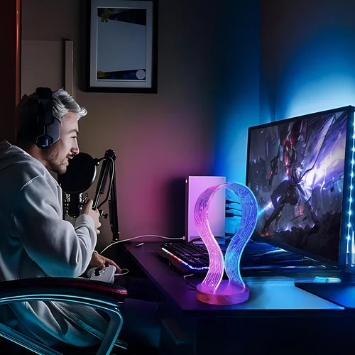 Vista 5 de Lampeez Soporte para auriculares con luz nocturna LED azul y rosa, madera de nogal para jugadores, amantes de la música, idea de regalo
