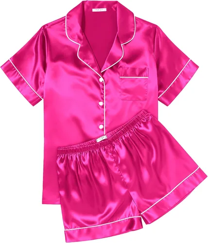 Vista 14 de Ekouaer Conjunto de pijama de satén de seda para mujer, suave, de manga corta, con botones, ropa para dormir, camiseta y pantalones cortos, juego