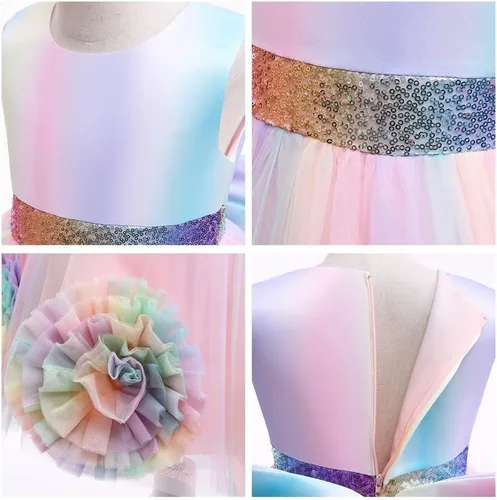 Vista 4 de Vestido de princesa de lentejuelas de unicornio para niñas, vestido de lujo de tul alto, disfraz de Halloween, fiesta de Navidad, boda, vestido