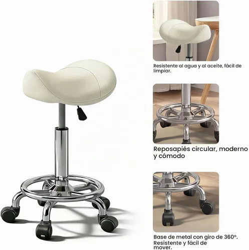 Vista 4 de Taburete con pedal de anillo, silla hidráulica ajustable con ruedas para uso médico, masaje, salón, spa, cocina y dibujo Blanco