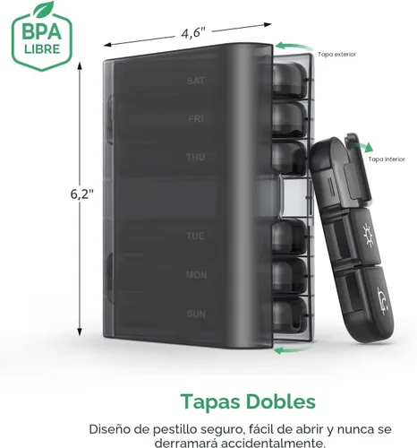 Vista 4 de PULIV Organizador semanal de píldoras 3 veces al día, pastillero portátil de viaje de 7 días con grandes contenedores de píldoras, estuche a prueba