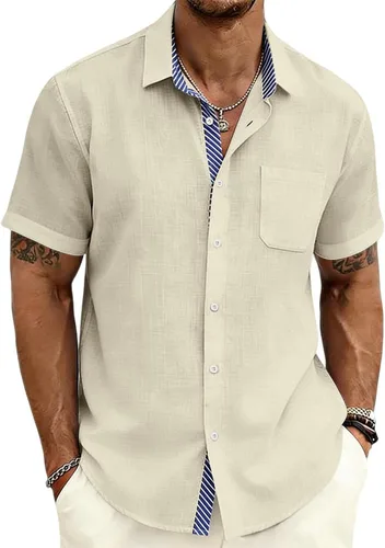 Vista 9 de Camisas con botones para hombre, manga corta, casual, verano, playa, vacaciones, boda, con bolsillo