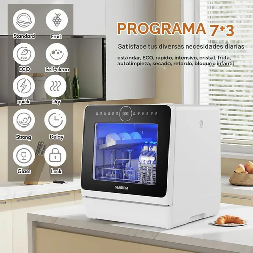 Vista 4 de Lavavajillas portátiles para acampar y hogar con tanque de agua de 5 litros, manguera, luz LED, 10 programas de lavado, modo de cuidado del bebé