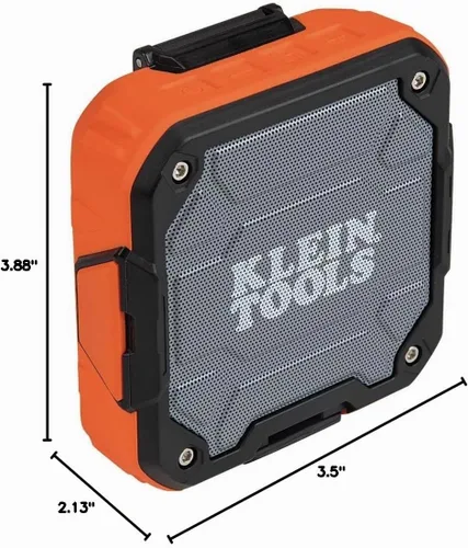 Vista 12 de KLEIN TOOLS AEPJS2 - Altavoz Bluetooth con tira magnética y gancho, recargable, inalámbrico y compatible con Aux, manos libres, tiempo