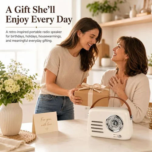 Vista 7 de Altavoz Bluetooth vintage con radio FM, caja de auge inalámbrica portátil, más de 20 horas de duración de la batería, radio retro