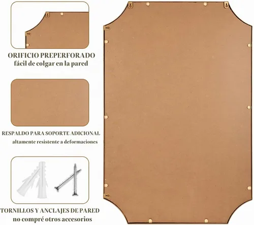 Vista 7 de Espejo de pared de 24 x 36 pulgadas, espejo decorativo rectangular de esquinas festoneadas, marco de cuentas de metal, decoración de pared para Oro