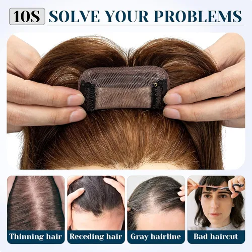 Vista 6 de Benehair Peluca de cabello con clip con flequillo, peluca secreta de cabello 100% humano, postizo superior con flecos, peluca de repuesto