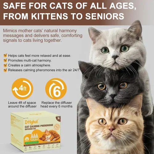 Vista 5 de Difusor calmante de feromonas para gatos, alivia la ansiedad y el estrés, difusor calmante para gatos, 3 recargas, reduce las peleas y los arañazos